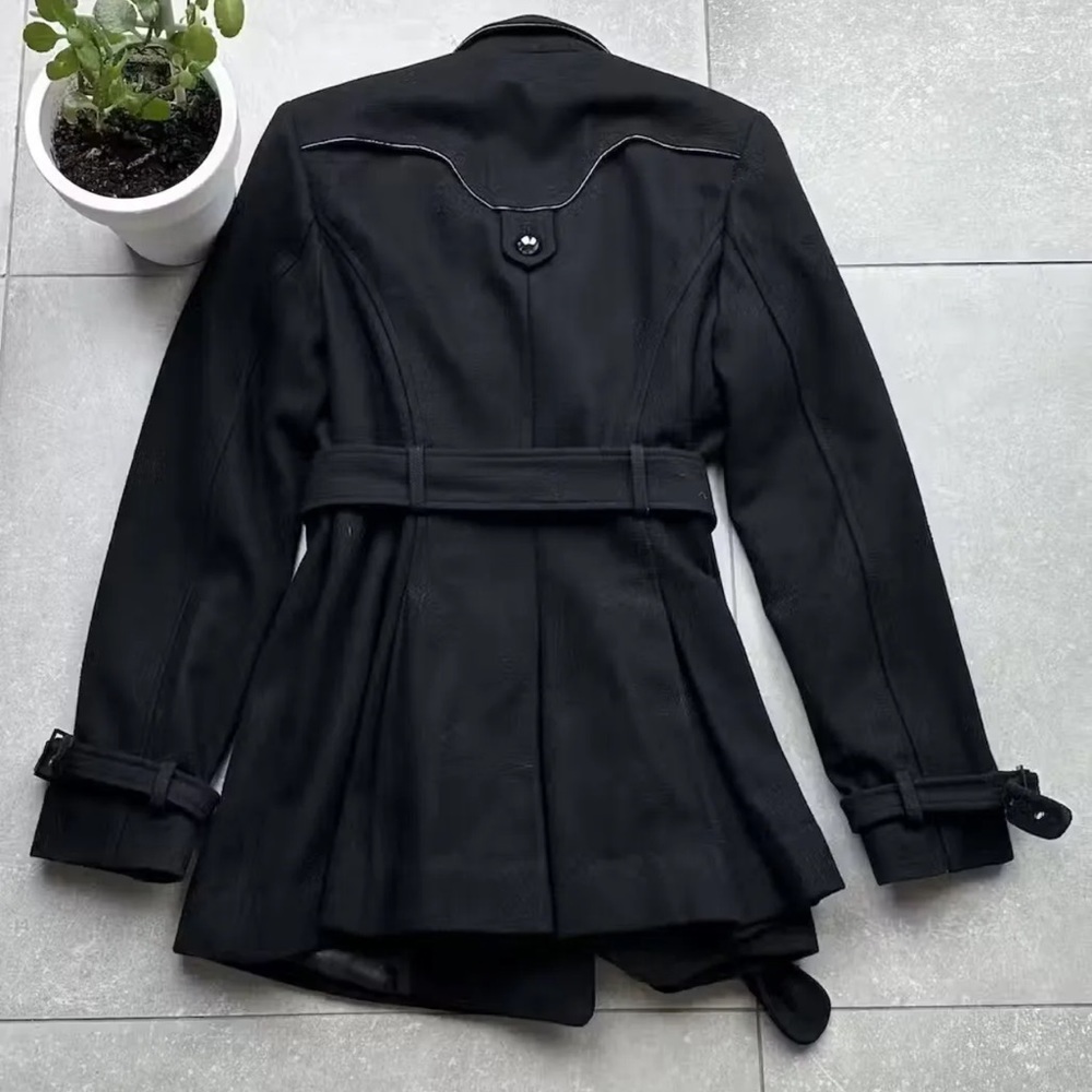 Miss Sixty Military Style Black jacket Pleated Flared Wool Pea Coat belt XS Cute - Picture 4 of 4